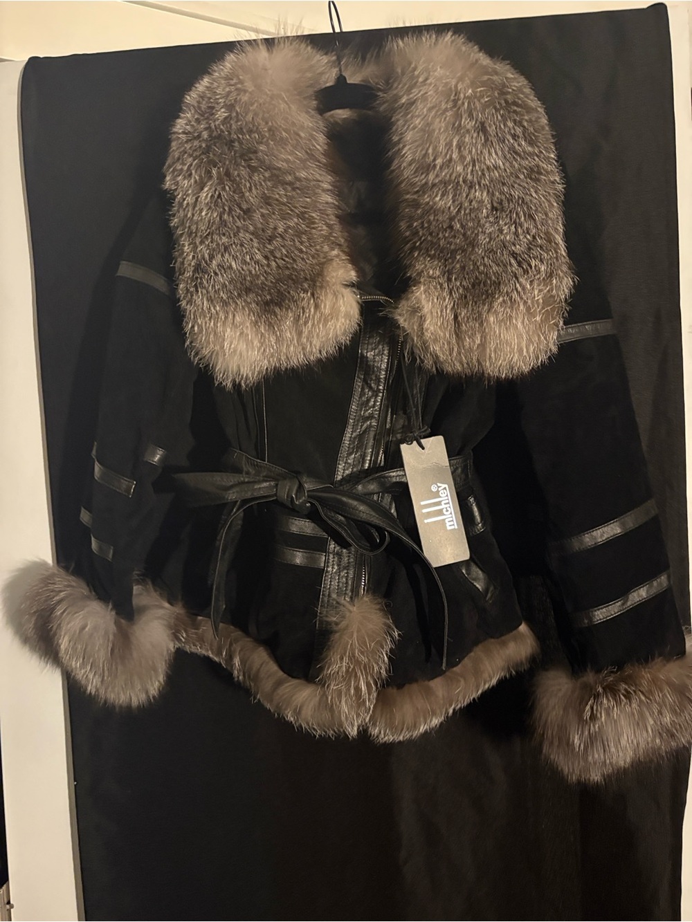 Women's Black Shearling Jacket with Gray Fox Fur Trim